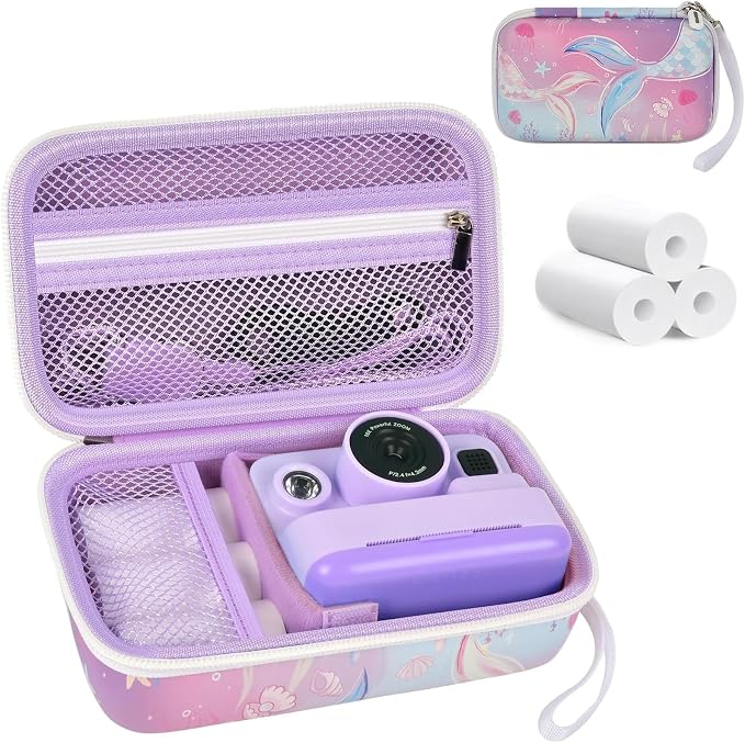 Kids Instant Print Camera Case & 3 Rolls for DYLANTO for ESOXOFFORE | Portable Digital Camera Case for ETIKEZ for YTETCN for DUDUDRAGON with Pocket for Accessories (Box Only)-Purple Fish by Grapsa