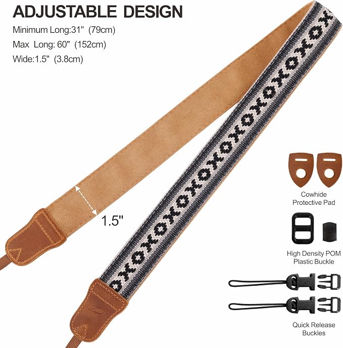 Padwa Lifestyle Camera Strap - 1.5" Crazy Horse Cowhide Ends Embroidered Camera Straps for Photographers, Cute Cotton Weave Soft Suede Fabric Padded Strap fits All Cameras for Adults & Kids - Image 6