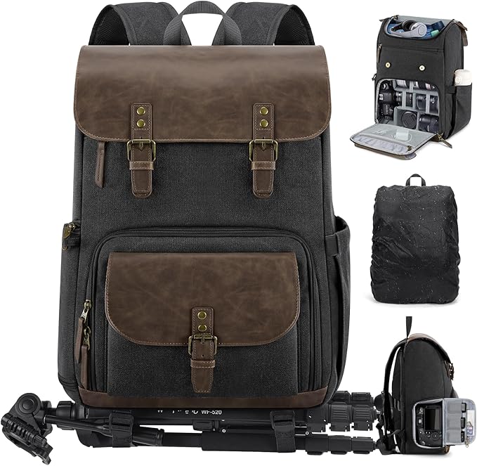 RAINSMORE Vintage Camera Bag with Side Access for DSLR/SLR Mirrorless | 25L Waterproof 15.6 Inch Laptop Photography Backpack with Rain Cover & Tripod Holder Anti-theft Camera Bags for Photographers by RAINSMORE