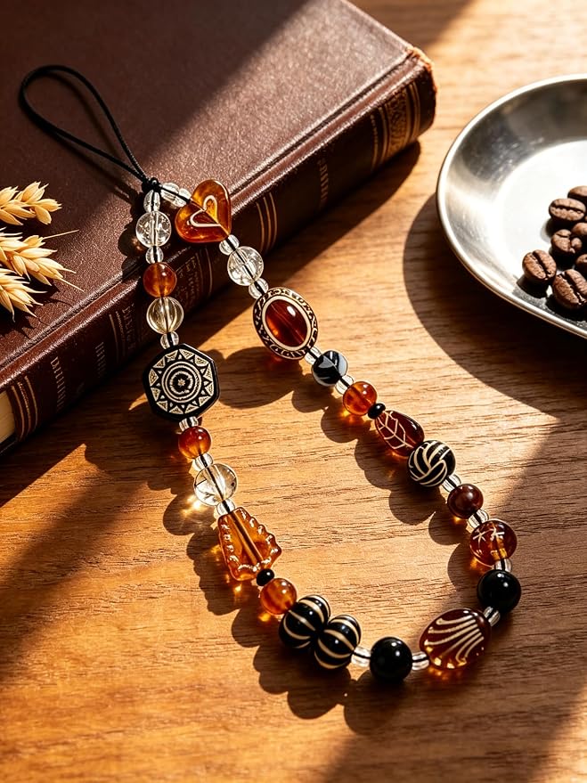 2 Pcs Phone Charm Strap Hand Wrist Strap Camera Lanyard Pearl Beaded Cute Chain String Accessories Universal for iPhone 17 Pro Max 16 15 14 for Samsung Women Girls Keychain Brown Bead and Kawaii Fruit - Image 3