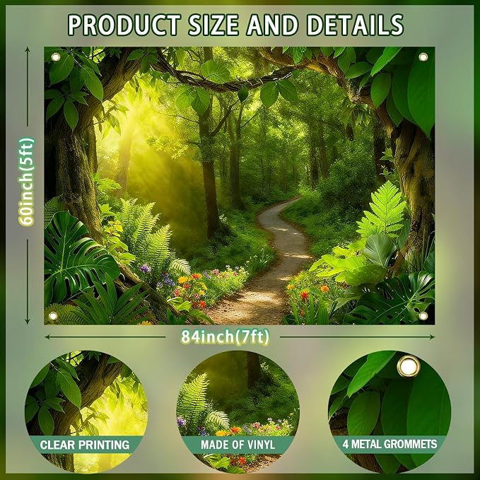 Enchanted Forest Photography Backdrop, Green, Nature Theme, 7x5FT | Jungle Background, Sunlight Woodland Path, Vinyl, for Outdoor Portrait Photoshoot, Party Decor, Photo Booth Prop - Image 7