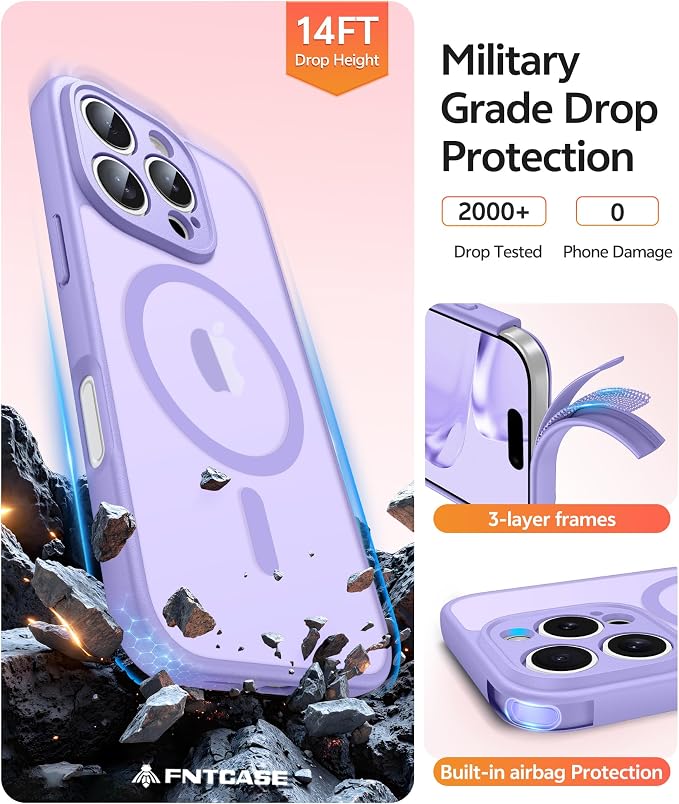FNTCASE for iPhone 16 Pro Case, Fit for Magsafe, with Screen Protector | Full Camera Protection, Translucent Matte, 14FT Military Grade Drop Proof, Shockproof Protective Phone Cover, Light Purple - Image 5