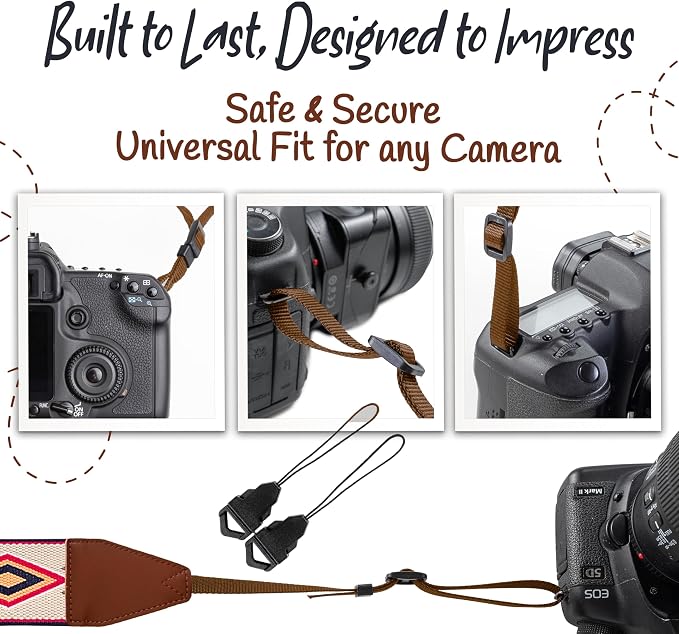Art Tribute Camera Strap - Shoulder, Crossbody & Neck Camera Strap for Photographers, Fits All Cameras, Canon Nikon Sony Fujifilm, Padded Strap W/Quick Release, Embroidered Cotton & Leather Ends - Image 7