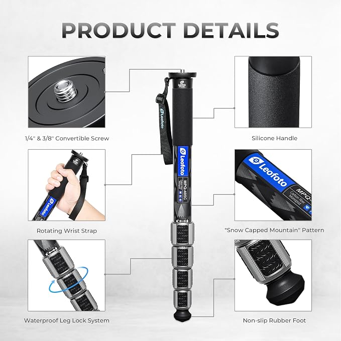LEOFOTO Camera Monopod Carbon Fiber Portable Compact Lightweight Travel Monopod with Wrist Strap, Silicone Handle, Twist Locks, 5-Section up to 185cm, Max Load 25kg(MPQ-405C) - Image 2