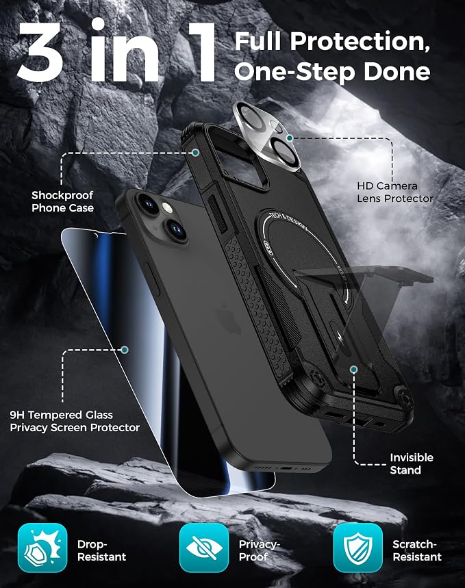 Goton 3 in 1 for iPhone 14 Case with Privacy Screen Protector Black | Glass Camera Lens Protector,Compatible for MagSafe,Invisible Kickstand, Shockproof Phone Cover for iPhone14 - Image 3
