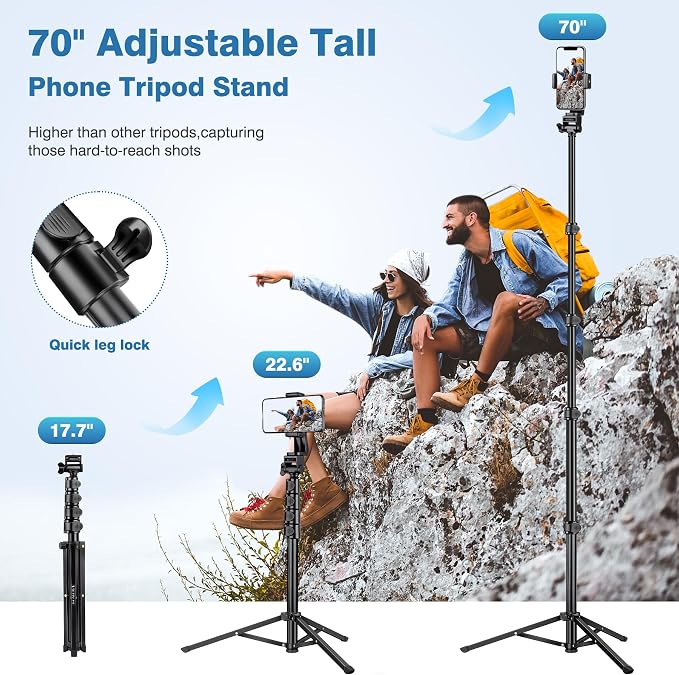 70" Phone Tripod with Remote & Holder, Portable Cell Phone Stand | Selfie Stick for Video Recording, Compatible with iPhone 14/13 Pro Max/Android/Camera - Image 2