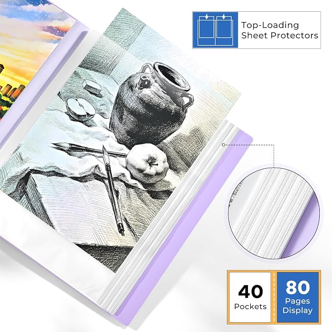XRUNMIX Art Portfolio 8.5X 11 Inch, 40 Pockets (80 Pages Capacity) Letter Size Display Book with Clear Sheet Protectors, Presentation Folder for Artwork/Documents/Photos - Image 3