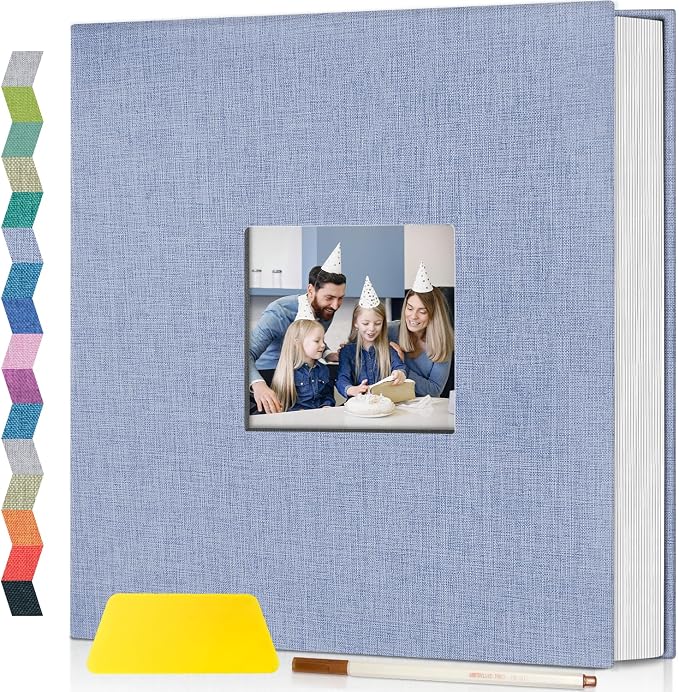Popotop Photo Album Self Adhesive with Picture Display Window,40 Pages DIY Scrapbooking Supplies Kit for 4x6 10x12 Picture,Linen Cover Memory Book for Baby Wedding, with Scraper and Metallic Pen by Popotop