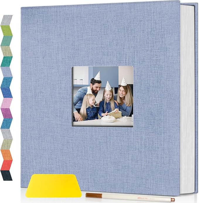 Popotop Photo Album Self Adhesive with Picture Display Window,40 Pages DIY Scrapbooking Supplies Kit for 4x6 8x10 Picture,Linen Cover Memory Book for Baby Wedding, with Scraper and Metallic Pen by Popotop