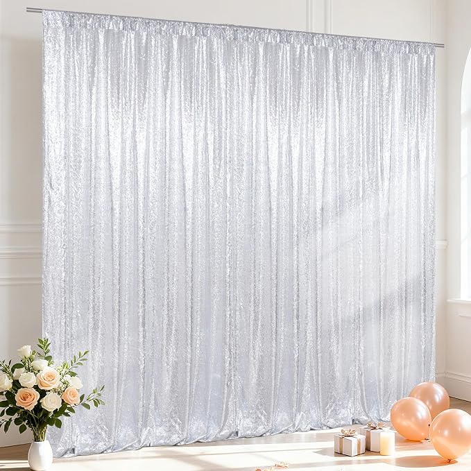 SquarePie 10x10ft Silver Sequin Backdrop, High Density Non-Transparent Glitter Curtain for Photography, Birthday, Wedding Party Decorations, Thick Solid Background with 4" Rod Pocket, 1 Panel by SquarePie