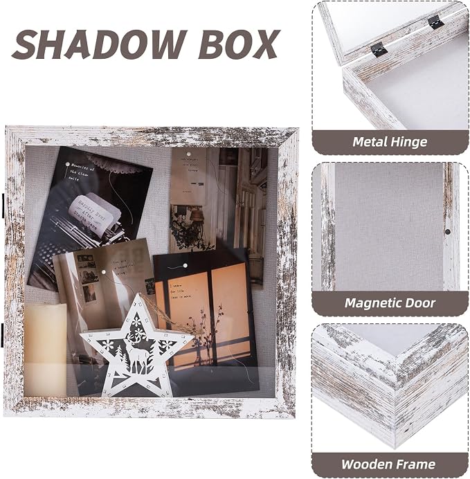 Muzilife 11x11 Shadow Box Picture Frame, 2.16 Deep, Real Glass, Rustic White - Image 4