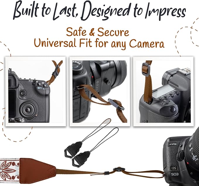 Camera Strap - Shoulder, Crossbody & Neck Camera Strap for Photographers, Fits All Cameras, Canon Nikon Sony Fujifilm, Padded Strap W/ Quick Release, Embroidered Cotton & Leather Ends, White - Image 7