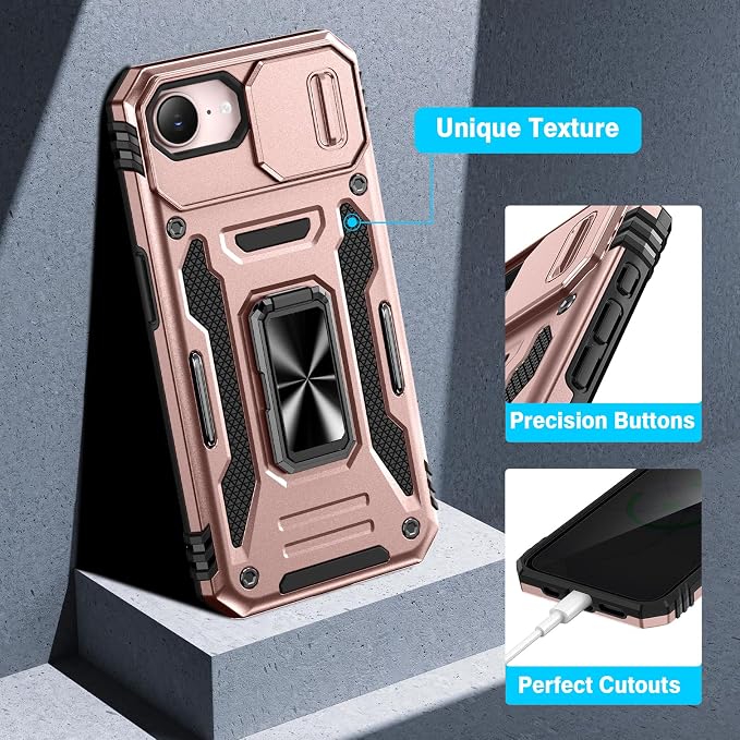 VEGO for iPhone 17e/ iPhone 16e Case with Slide Camera Cover and Stand | Privacy Screen Protector & Ring Kickstand Military Grade Heavy Duty Protection Cover for iPhone 17e 5G - Rose Gold - Image 7