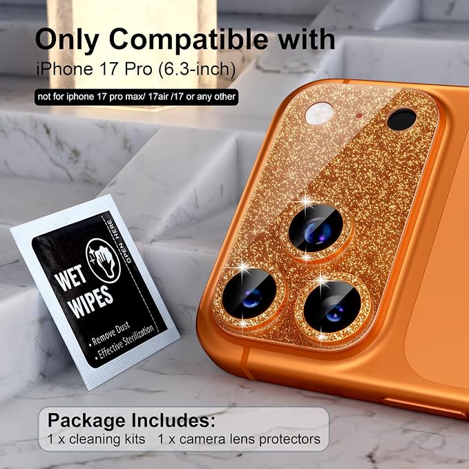 Choiche for iPhone 17 Pro Camera Lens Protector, Glitter-Orange | Bling Metal Camera Cover with 9H Tempered Glass Lens Screen Protector Accessories, Strong Adsorption, Case-Friendly, 6.3-inch - Image 2