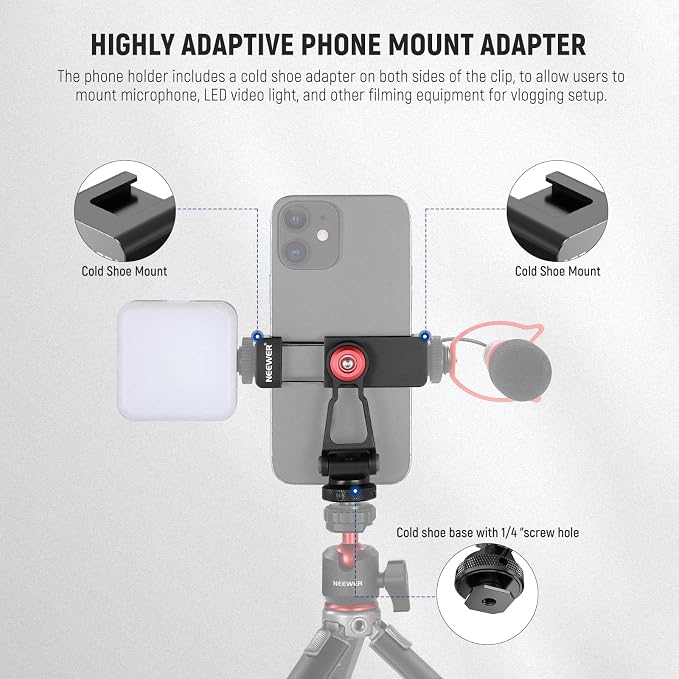NEEWER Metal Phone Tripod Mount Adapter with Cold Shoe Base, PA001 | 360° Phone Holder, 2 Cold Shoe Mounts for Video Light/Mic, Vlogging, Universal Compatible with iPhone Samsung Huawei - Image 2
