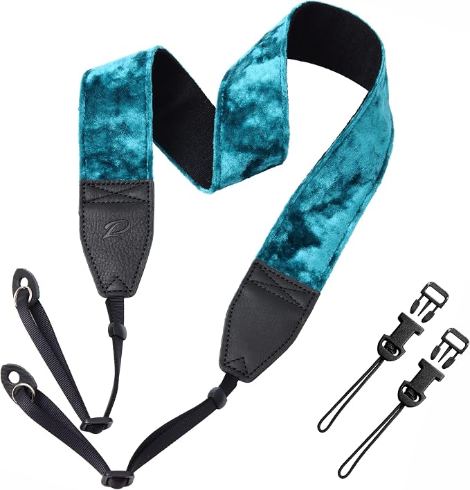 Padwa Lifestyle Peacock Blue Velvet Camera Strap - 2" Double Layer Full Grain Cowhide Leather Head Camera Straps for Photographers,Unique Soft Velvet Fabric with Quick Release fits all Cameras by PadwaLifestyleCameraStrap