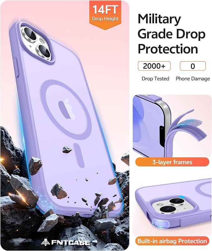 FNTCASE for iPhone 15/14 Plus Case, Fit for Magsafe, Screen Protector | Translucent Matte Magnetic Back, 14FT Military Grade Drop Protection, Shockproof Protective Phone Cover, Light Purple - Image 5