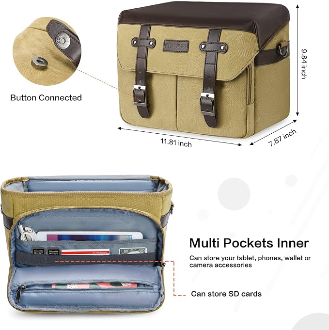 MOSISO Camera Case Crossbody Shoulder Messenger Photography Bag, Khaki | DSLR/SLR/Mirrorless Vintage PU Leather Flap Gadget Bag with Rain Cover Compatible with Canon/Nikon/Sony Camera and Lens - Image 3