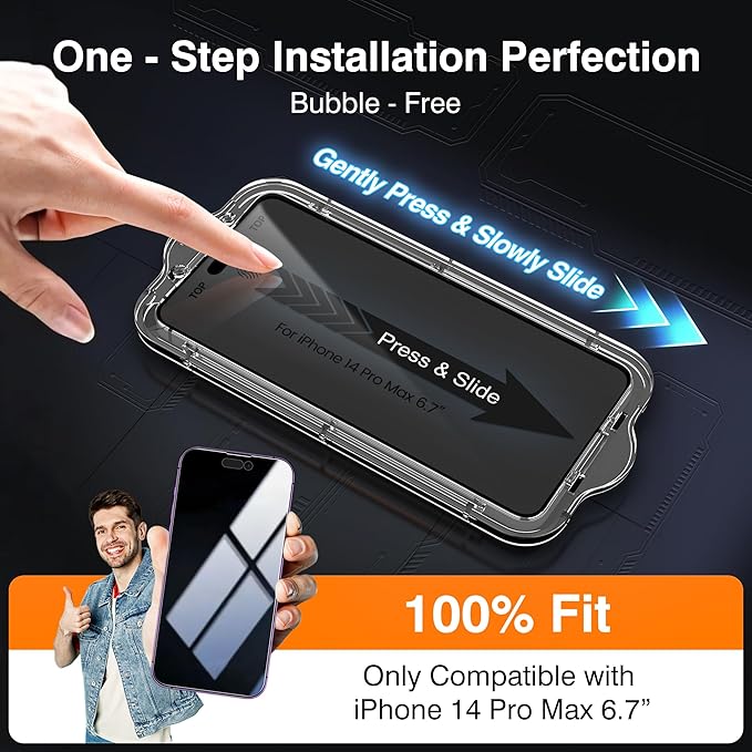EZ-GLAZ-4+2 Pack for iPhone 14 Pro Max Privacy Screen Protector (6.7") | 2-Pack Lens Protectors, Alignment Kit, Easy Installation, 9H+ Tempered Glass, Scratch Resistant, 28° Privacy Protection - Image 2