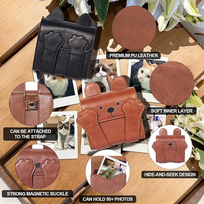 CAIYOULE Photo Storage Case for Fujifilm Instax Square Films, Brown Bear | Photo Pouch for Fujifilm Instax SQ1/40/20/10/6/SP-3 2.9x3.4" Films, PU Picture Storage Pocket, Can hold 50+ Square Photos - Image 3