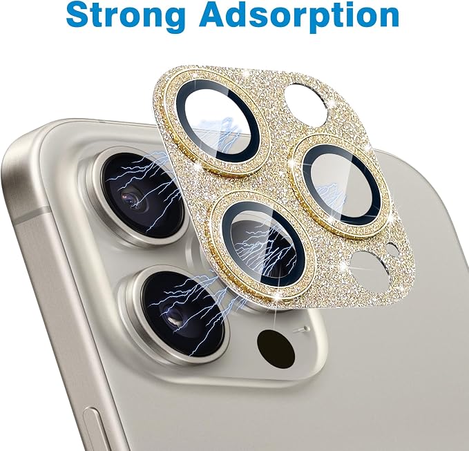for iPhone 15 Pro & iPhone 15 Pro Max Camera Lens Protector, Bling 3D Rhinestone Diamond 9H Tempered Glass Camera Cover Anti Scratch Shockproof Lens Screen Full Protective Cover -Gold - Image 4