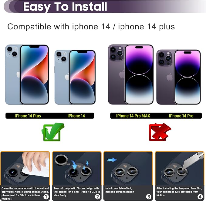 Suoman for iPhone 14 6.1 inch/iPhone 14 Plus 6.7 inch Camera Lens Protector, 9H Tempered Glass Film, [Does not Affect Night Shots] Metal Lens Protective Cover - Black - Image 2