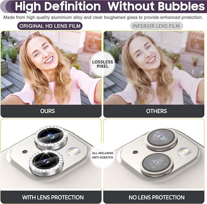 Suoman for iPhone 14 6.1 inch / 14 Plus 6.7 inch Camera Lens Protector, 9H Tempered Glass Film, [Does not Affect Night Shots] Metal Frosted Diamonds Independent Protective Cover - Diamond Silver ﻿ - Image 5
