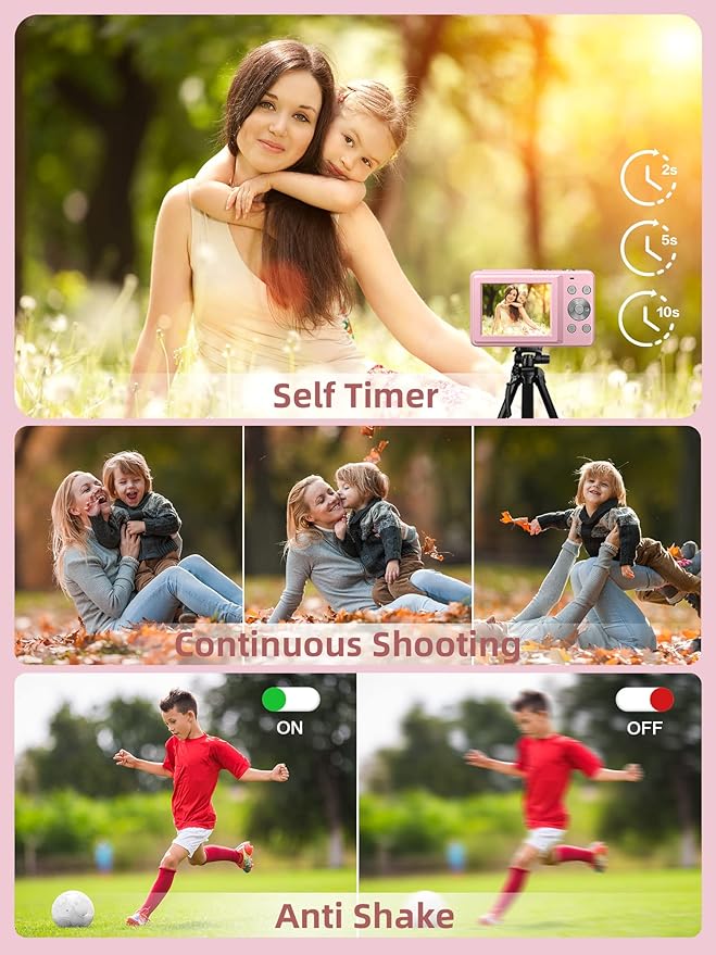 Camkory Digital Camera FHD 1080P with 32G Card 16X Zoom Easy for Kids Pink | Compact camera with anti-shake, Includes 2 batteries & charger. Perfect for parties, trips, birthdays gift from parents. - Image 5