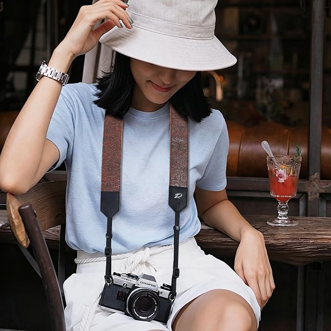 Padwa Lifestyle Camera Strap - 2" Coffee Faux Leather Carving Camera Straps with Full Grain Leather Ends for Photographers, Vintage Soft Suede Fabric Padded Strap Quick Release fits All Cameras - Image 2