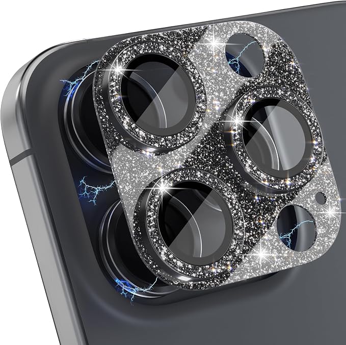 Choiche for iPhone 16 Pro/iPhone 16 Pro Max Camera Lens Protector | Bling Camera Cover with 9H Tempered Glass Lens Screen Protector Metal Ring Decoration Accessories (Glitter-Black) by Choiche