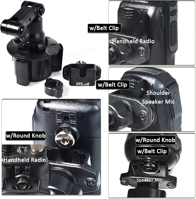 HYS Universal Adjustable Angle Car Cup Holder for Handheld CB Radio/Scanner/Shoulder Speaker Microphone, HT/Mobile CB Remote Speaker mic/Ham CB Radio W/Round Knob/Belt Clip Holder Mount - Image 2