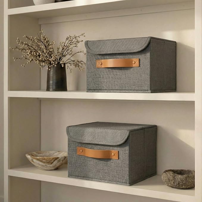 Decorative Linen Storage Boxes with Lids - Spacious Set of 2 Organizer Bins | The Perfect Small Container for Home Decor - Safely Store Photos, Documents and Memory Box Keepsakes in Style - Image 3