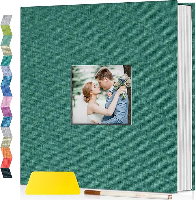 Popotop Photo Album Self Adhesive with Picture Display Window,60 Pages DIY Scrapbooking Supplies Kit for 4x6 10x12 Picture,Linen Cover Memory Book for Baby Wedding, with Scraper and Metallic Pen by Popotop