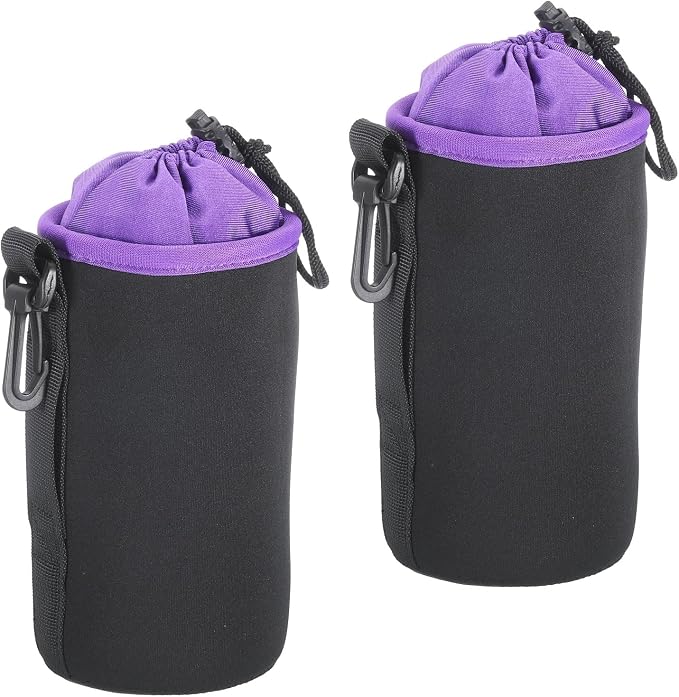 PATIKIL Camera Lens Bag, 2 Pcs 3.7" ID x 7.1" H Cylindrical Drawstring Lens Pouch with Thick Protective Neoprene, Lens Case for DSLR Camera Lens, Water Coffee Cups Black, Purple by PATIKIL