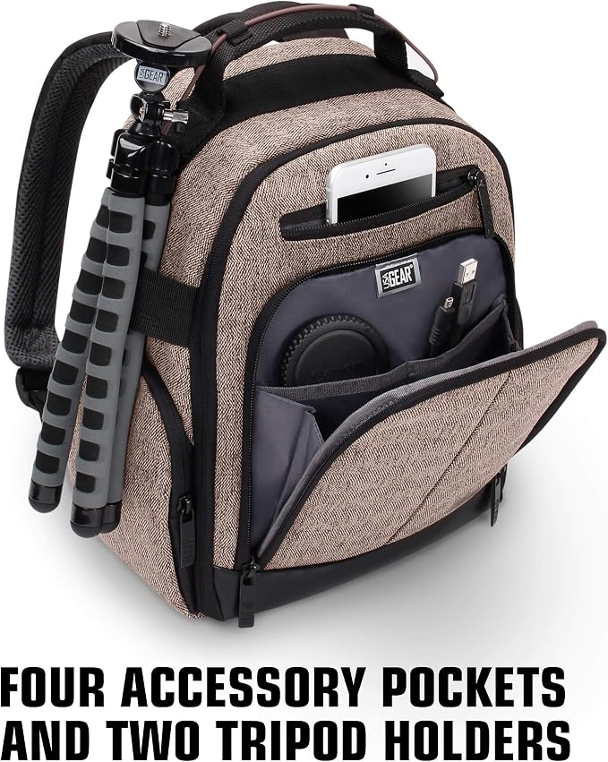 USA Gear Portable Camera Backpack for DSLR with Customizable Accessory Dividers, Weather Resistant Bottom and Comfortable Back Support - Compatible with Canon, Nikon, Sony, Fujifilm, and More (Brown) - Image 6