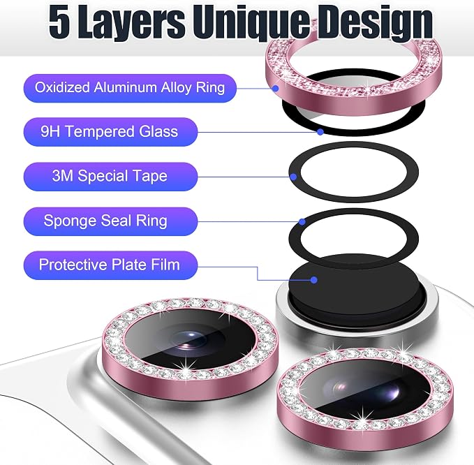 AGVEE 3+3 6 Pack for iPhone 17 Pro & Max Camera Lens Protector Cover | Individual Bling Diamond & Bling Glitter Sparkle Cute Gem Metal Ring, 9H Tempered HD Glass - Image 7