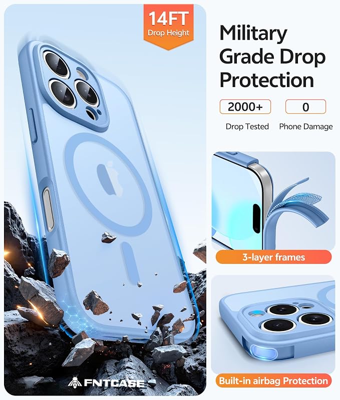 FNTCASE for iPhone 16 Pro Max Case, Fit for Magsafe, Glass Screen Protector | Full Camera Protection, Translucent Matte, 14FT Military Grade Drop Proof, Shockproof Protective Phone Cover, Light Blue - Image 5