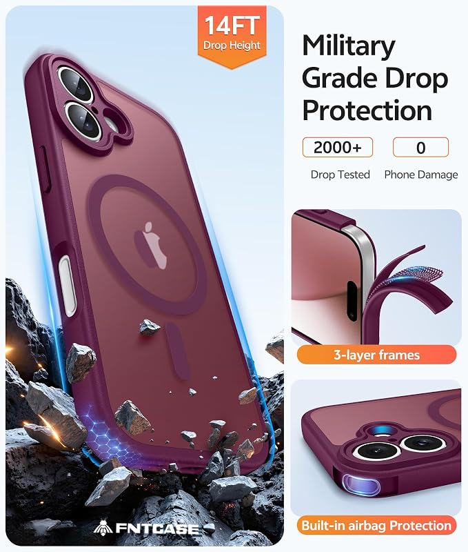FNTCASE for iPhone 17 Case, Compatible with Magsafe, Glass Screen Protector | Full Camera Protection, Translucent Matte, 14FT Military Grade Drop Proof, Shockproof Protective Phone Cover, Wine Red - Image 5