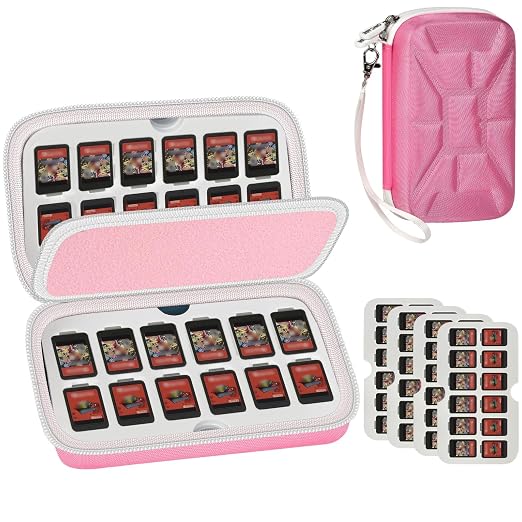 Game Card Case for Nintendo Switch, 72 Games and 144 MicroSD Cards, Pink | Four removable panels and finger grooves make a large collection faster for kids and adults to browse by GWCASE