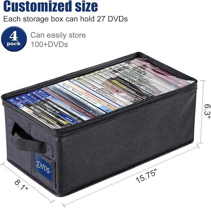 CCidea DVD Storage Box with Clear Window - 15.75" Foldable Media Organizer, Premium Zipper Closure, Holds 27+ DVDs, Dustproof Non-woven Fabric, Reinforced Handles & Label Slot (4 Pack) - Image 6