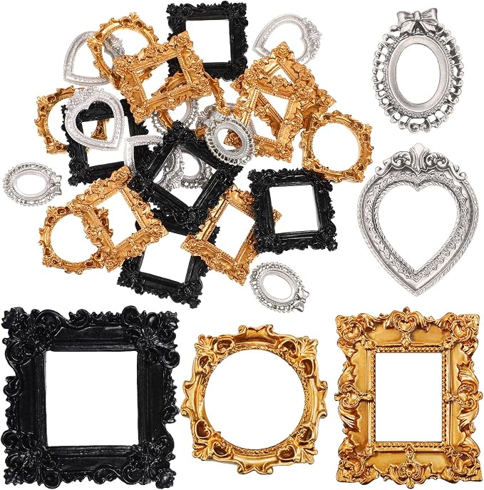 Vicenpal 25 Pcs Black, Gold, Silver Mini Vintage Picture Frames Bulk | Small Vintage Photo Frames, Antique, Resin, Baroque, Ornate, Cute Wallet Size, for DIY Jewelry Gifts Christmas Wedding Decor by Vicenpal