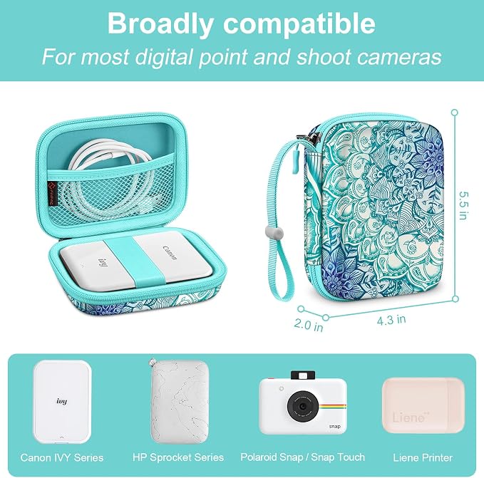FINTIE Protective Case for Canon Ivy 2 Mini, CLIQ2 & CLIQ+2 Photo Printer | Shockproof Hard Shell Carrying Case, With Wrist Strap, Pocket Camera Storage, Charger Cable Organizer, Emerald Illusions - Image 2
