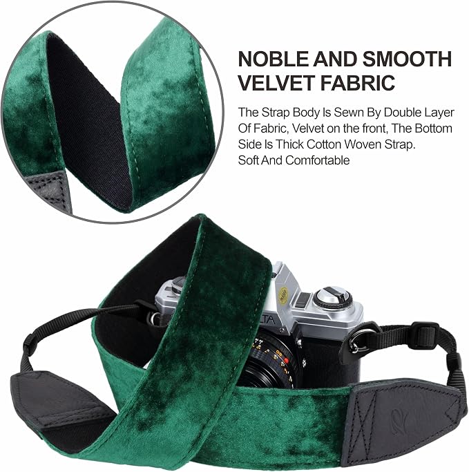 Padwa Lifestyle Green Velvet Camera Strap - 2" Double Layer Full Grain Cowhide Leather Head Camera Straps for Photographers,Unique Soft Velvet Fabric with Quick Release fits all Cameras - Image 4