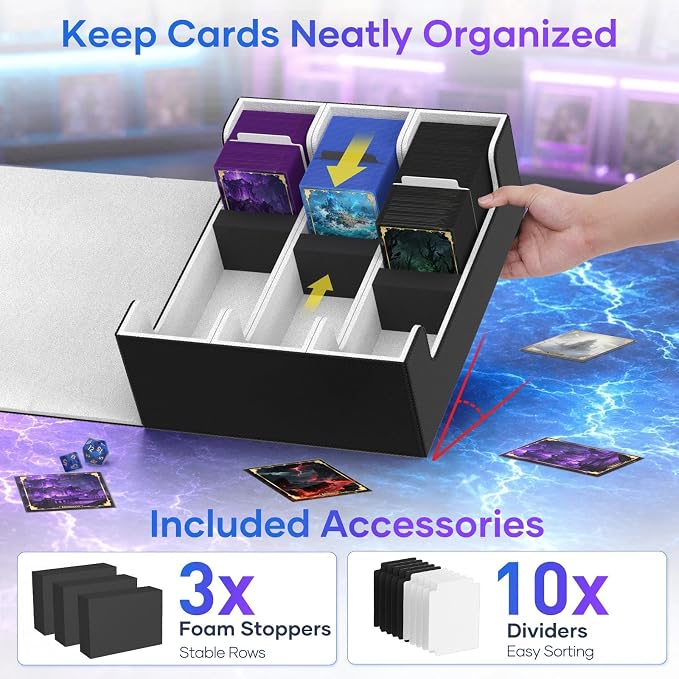 Mlikero Trading Card Storage Box, Bulk Card Storage for 1800+ Sleeved Cards, PU Leather Magnetic Closure Card Organizer with 10 Dividers & 3 Foam Stoppers, Fit for MTG, TCG and Sports Cards - Image 4