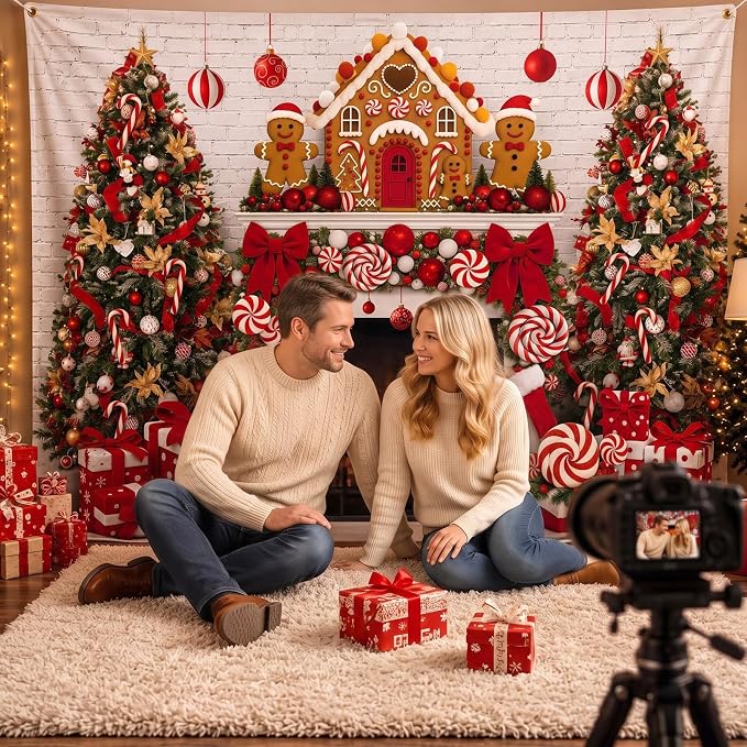 Peryiter Christmas Backdrop for Photography Xmas Tree Stocking Candy Gift Polyester Background Decoration Party Backdrop for Home Decoration Photo Studio Props (7x5 ft,Gingerbread House) - Image 4