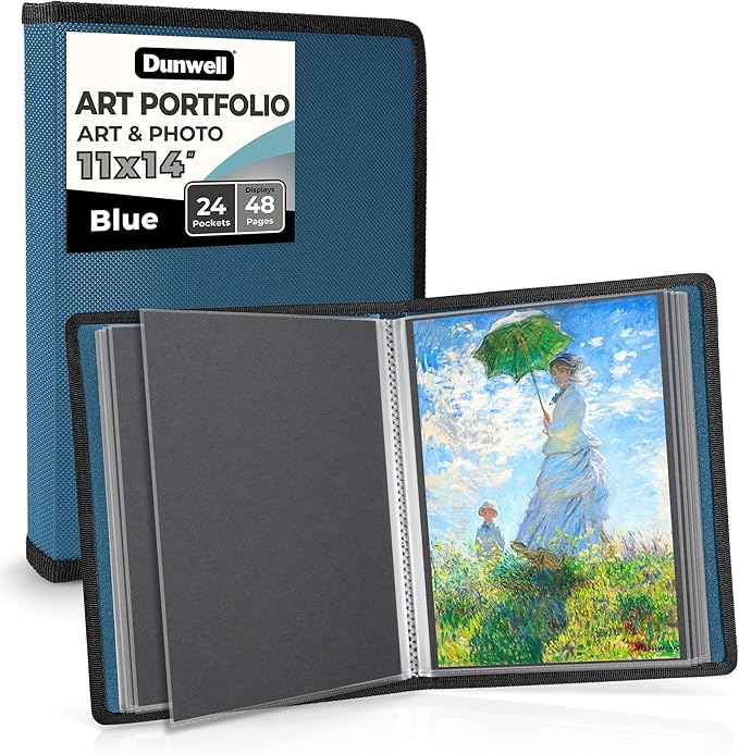 Dunwell 11x14 Art Portfolio Binder, 24-Sleeve, Mounting Paper, Blue | 24 Clear Sleeves, Displays 48 Pages, Mounting Paper Included, Artwork Storage, Acid-Free Poly Protection by Dunwell