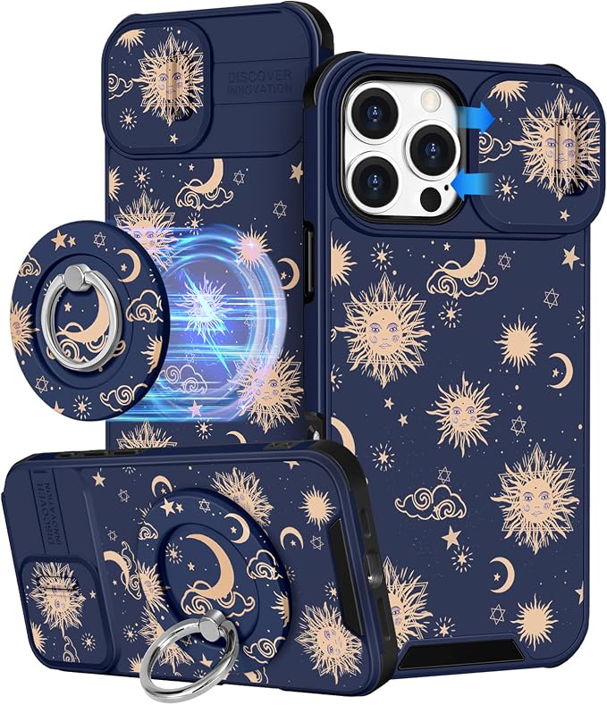 Buleens for iPhone 16 Pro Case 6.3 Inch - with Ring Stand & Camera Cover Aesthetic Cute Designed for Women Girls Girly Kawaii Sun Moon Stars Unique Phone Case for iPhone 16 Pro Compatible with Magsafe by Buleens