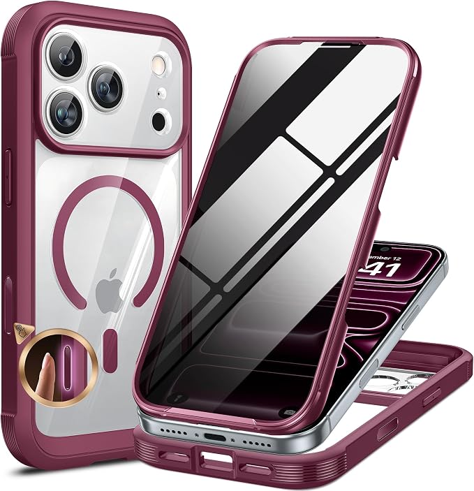 Miracase for iPhone 17 Pro Privacy Series Case, Magsafe, Cherry | Built-in Privacy Screen Protector | 360° Full Protection | Colored Bezel & Clear Back | Shock-Absorbent | 6,3 Inch by Miracase