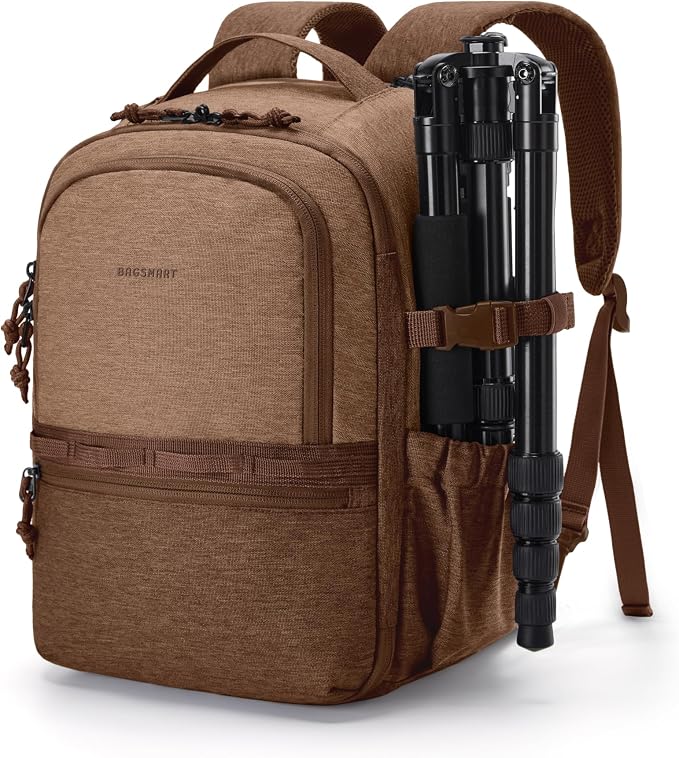 BAGSMART 2 in 1 Camera Backpack for DSLR, Fits 12.9" iPad, Coffee Brown | Small SLR Camera Bags for Photographers with Shoulder Strap, Compatible for Sony Canon Nikon, Travel Backpack for Men Women by BAGSMART