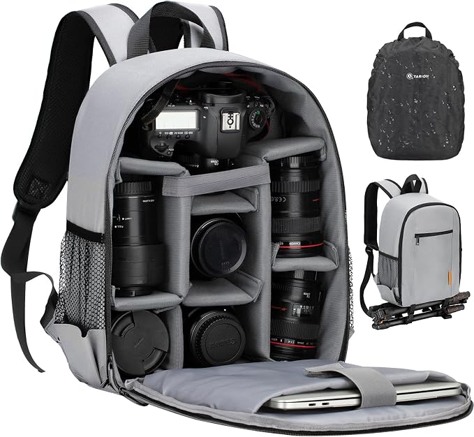TARION Small Camera Backpack for Photographers Compact 12L Grey TB-S | 13 Inch Laptop Compartment, Rain Cover, Bottom Tripod Holder, for DSLR Mirrorless Cameras, Everyday Shooting by TARION